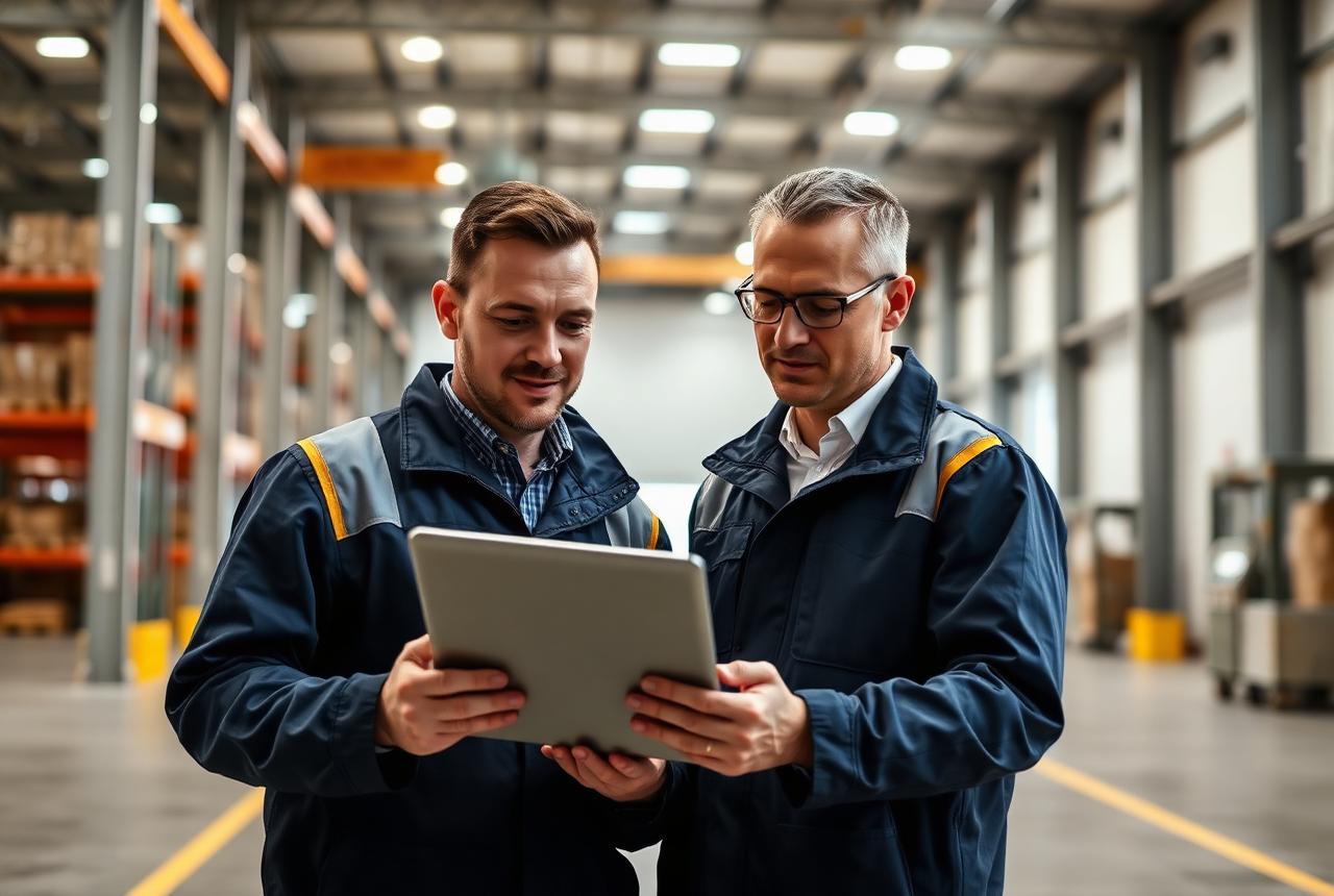 Two logistics professionals reviewing plans on a tablet in a warehouse loading bay