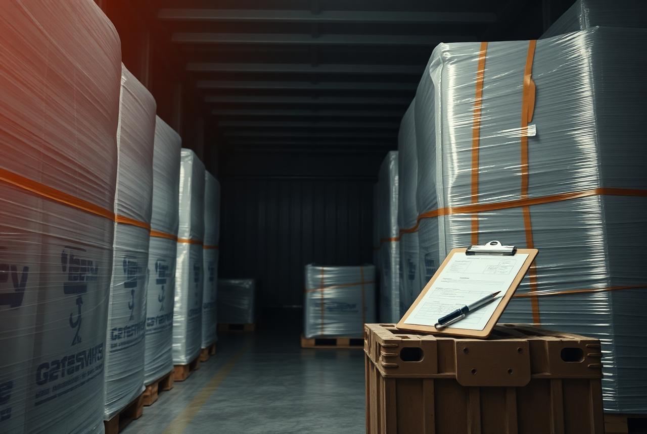 Strapped and wrapped pallets with paperwork inside a loading bay