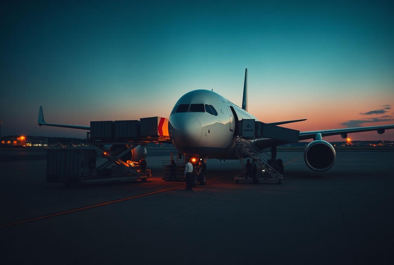 Cargo aircraft being loaded with air freight on an airport apron at dusk