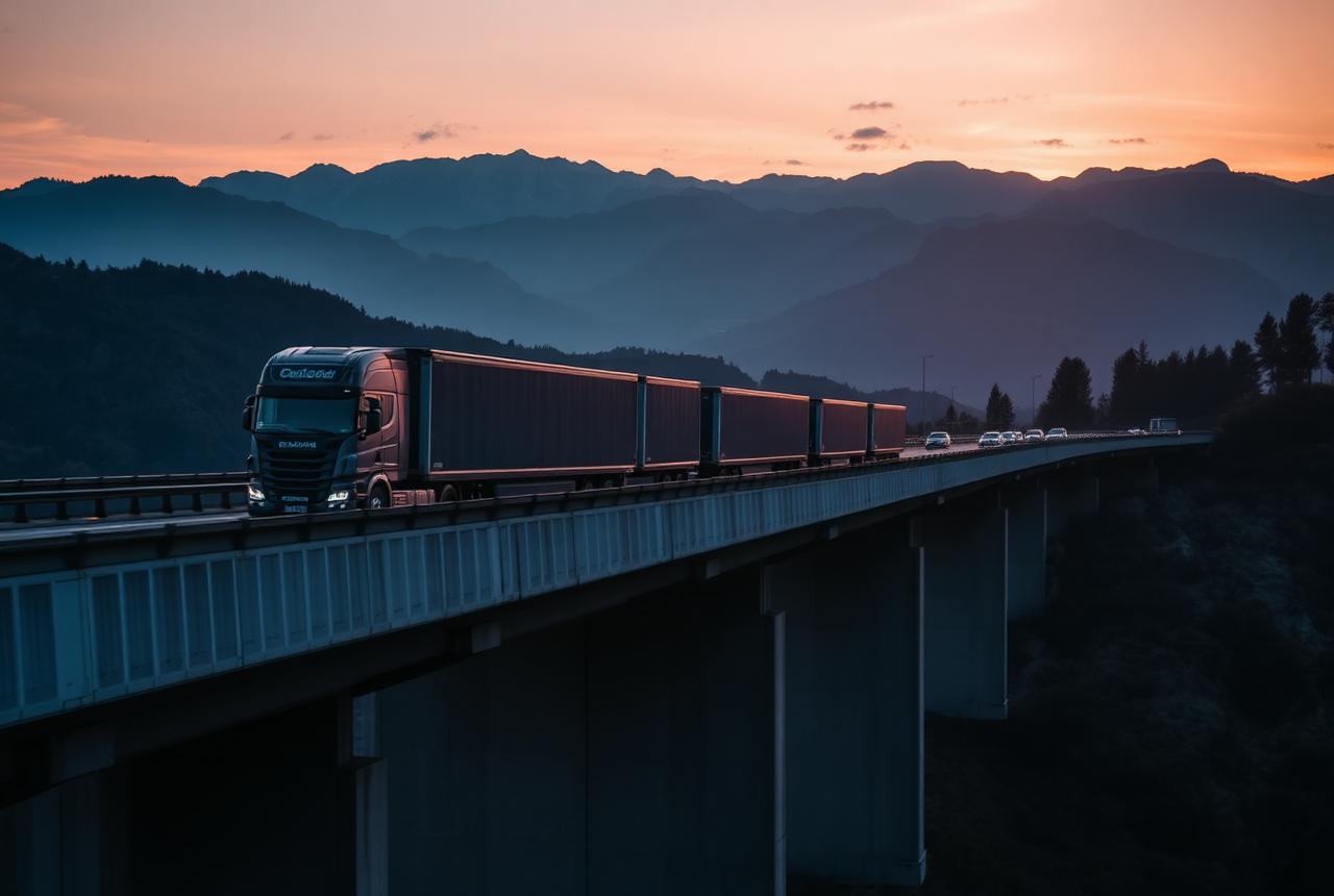 Articulated lorries travelling on a motorway viaduct at sunrise