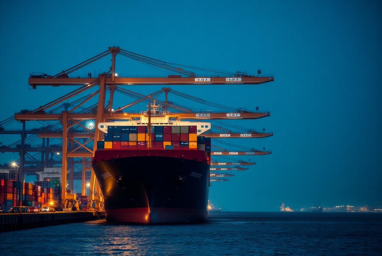 Container ship alongside gantry cranes at a port terminal