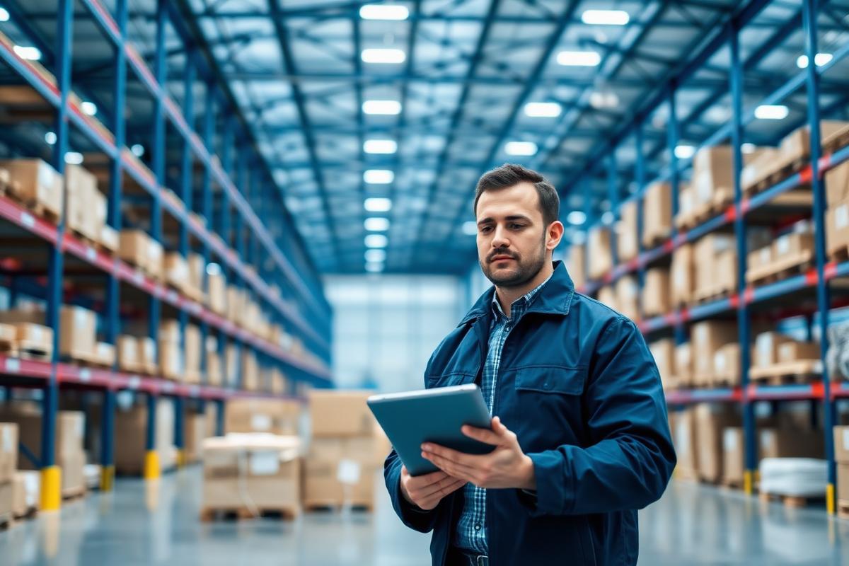 Logistics manager reviewing shipment data on a tablet inside a distribution centre