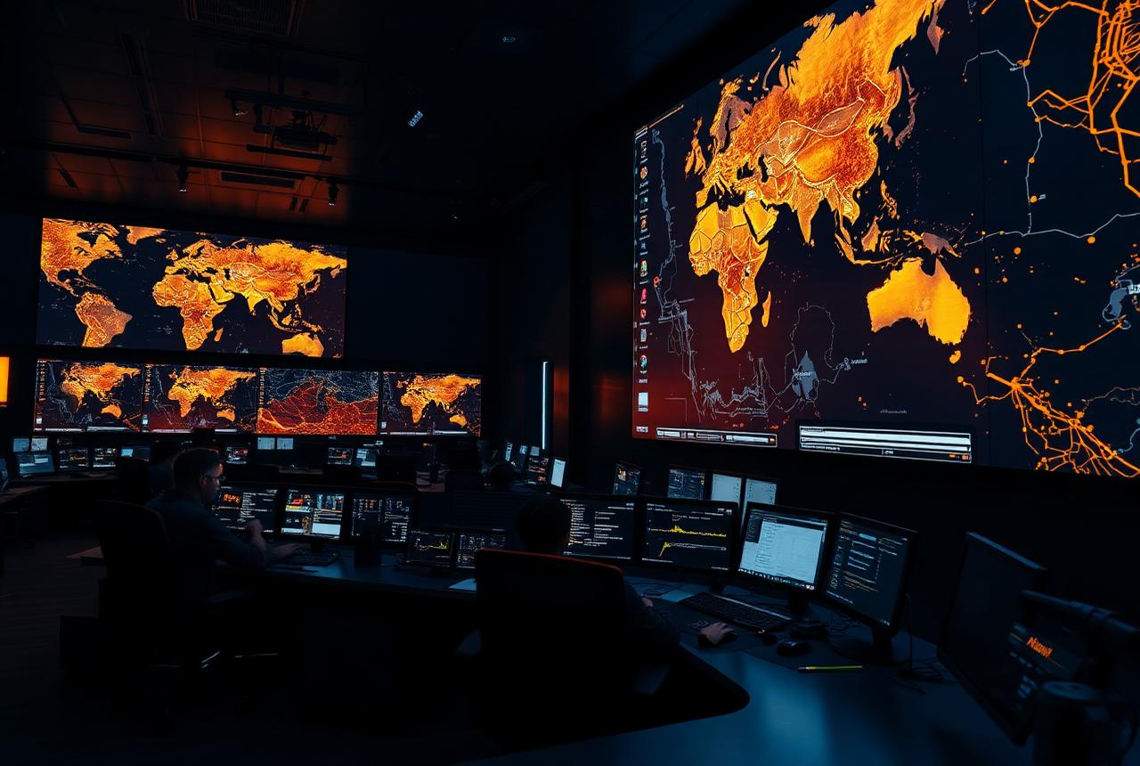 Logistics control room with route monitoring screens at night